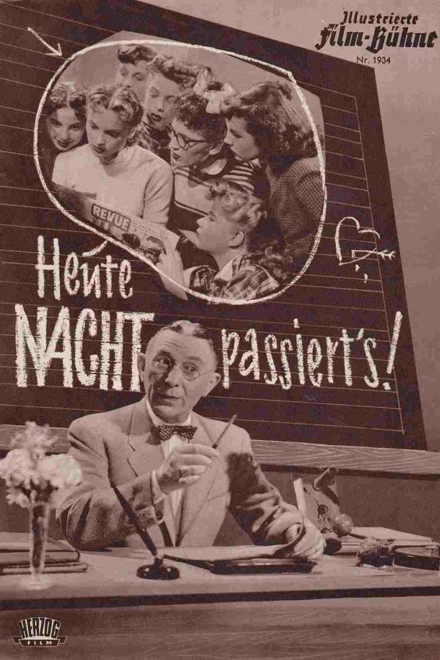Ein Filmposter für „Heute Nacht passiert's!“ mit einem Lehrer vor einer Tafel.