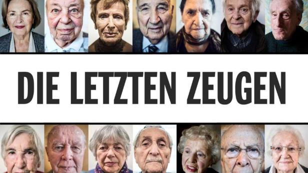 Porträts von älteren Menschen um den Titel „Die letzten Zeugen“ angeordnet.