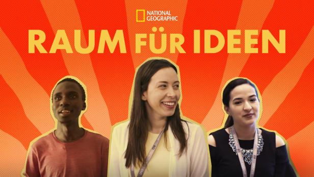 Drei junge Leute vor einem Hintergrund mit dem National Geographic Logo und dem Schriftzug „Raum für Ideen“.