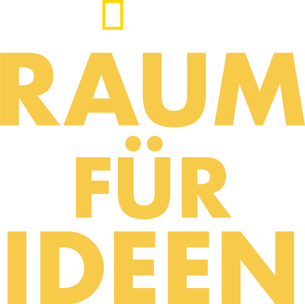 Das National Geographic Logo mit dem Schriftzug „Raum für Ideen“.