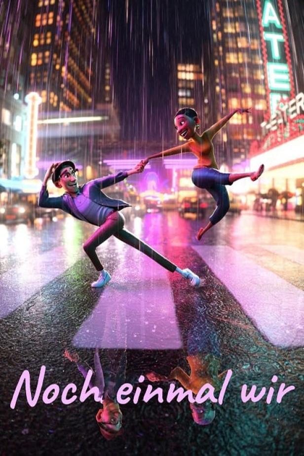 Zwei animierte Figuren tanzen im Regen in einer belebten Stadt.