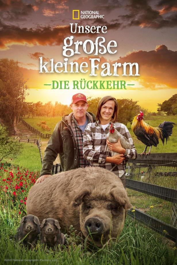 Das Filmplakat zu „Unsere große kleine Farm: Die Rückkehr“ zeigt ein Farmerpaar mit Tieren.