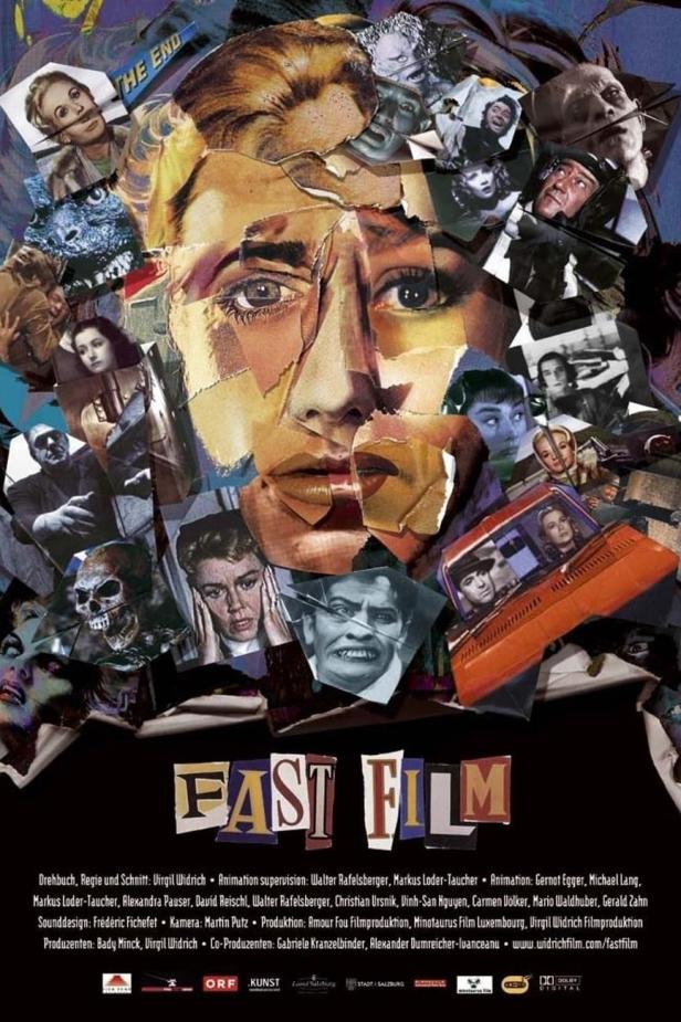 Das Filmplakat für „Fast Film“ zeigt eine Collage aus verschiedenen Filmszenen und Gesichtern.
