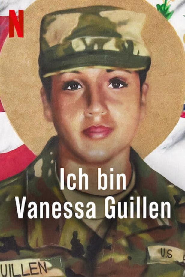 Gemälde von Vanessa Guillen in Uniform vor einem Heiligenschein und einer Flagge.