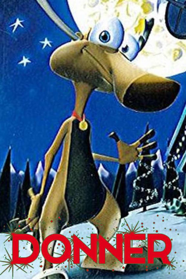 Eine stilisierte Darstellung des Rentiers Donner vor einem weihnachtlichen Hintergrund.