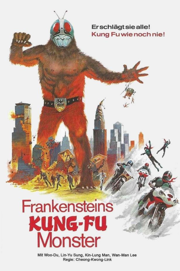Ein riesiges Monster im Kung-Fu-Stil greift eine Stadt an, während Motorradfahrer angreifen.
