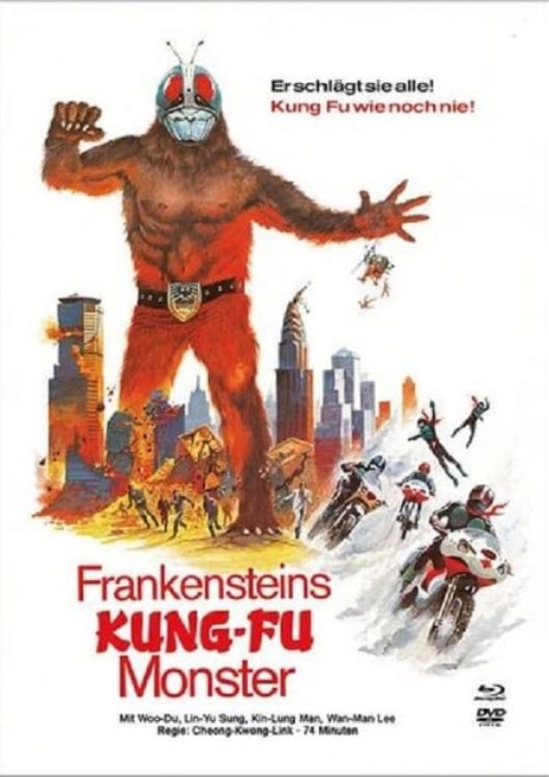 Das Filmplakat für „Frankensteins Kung-Fu Monster“ zeigt ein riesiges Monster in einer Stadt.