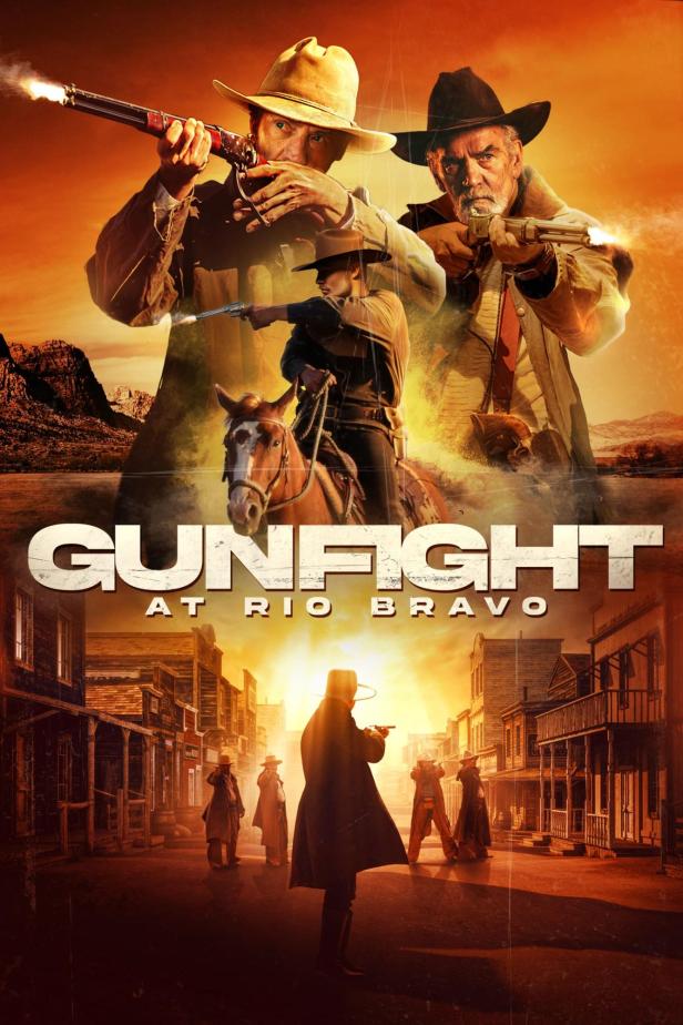 Das Filmplakat für „Gunfight at Rio Bravo“ zeigt bewaffnete Cowboys in einer Westernstadt.