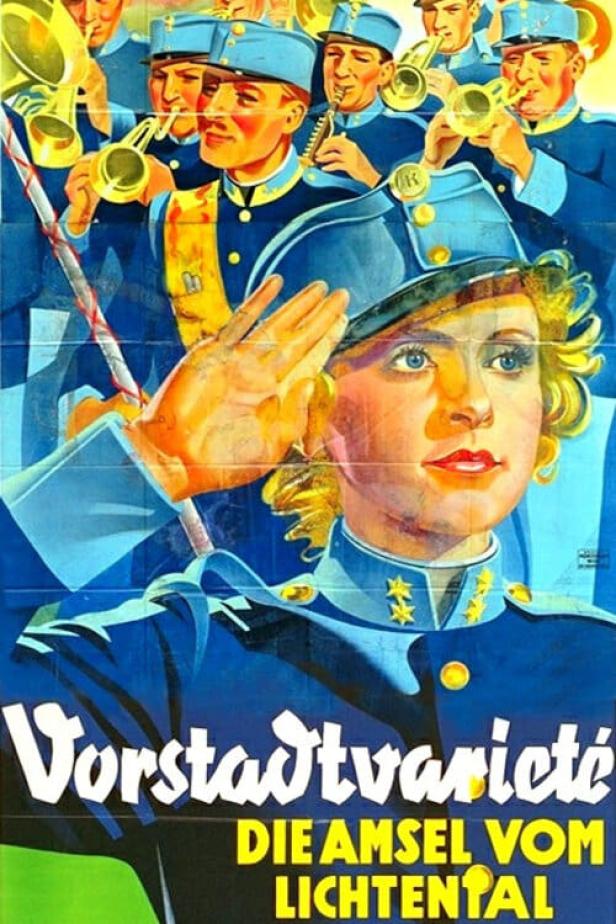Ein Plakat für „Vorstadtvarieté: Die Amsel vom Lichtental“ mit einer Frau in Uniform und einer Blaskapelle.