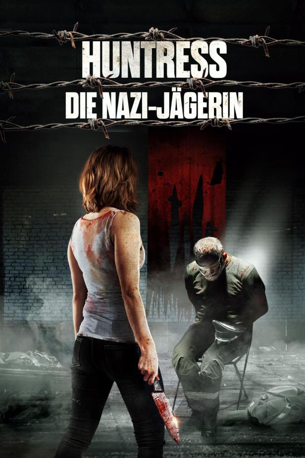 Das Filmplakat für „Huntress: Die Nazi-Jägerin“ zeigt eine Frau mit blutigem Messer und einen gefesselten Mann.