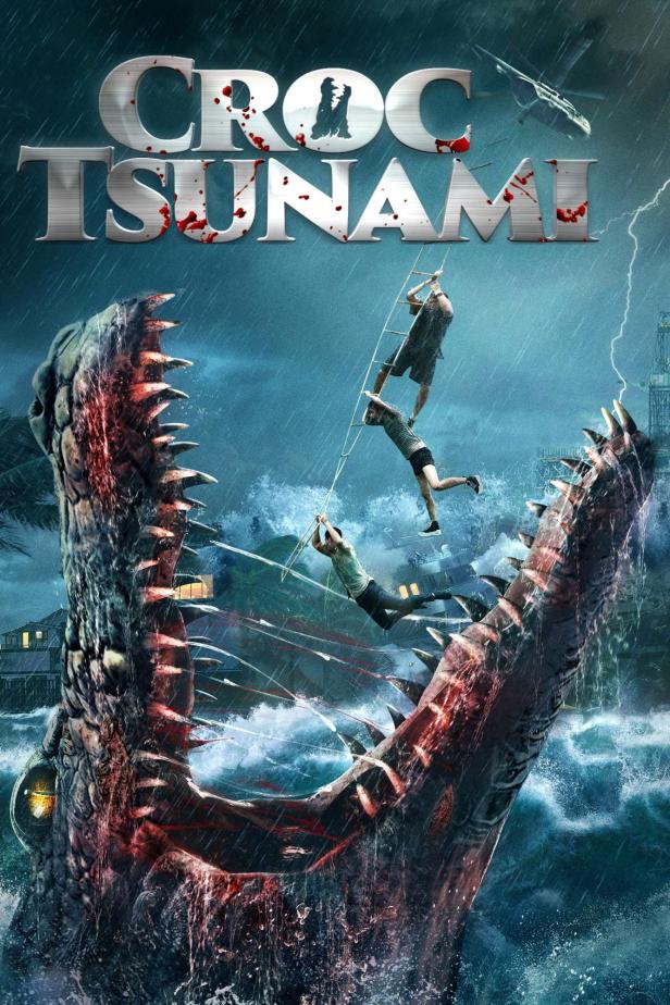 Das Filmplakat für „Croc Tsunami“ zeigt Menschen, die vor einem riesigen Krokodil fliehen.