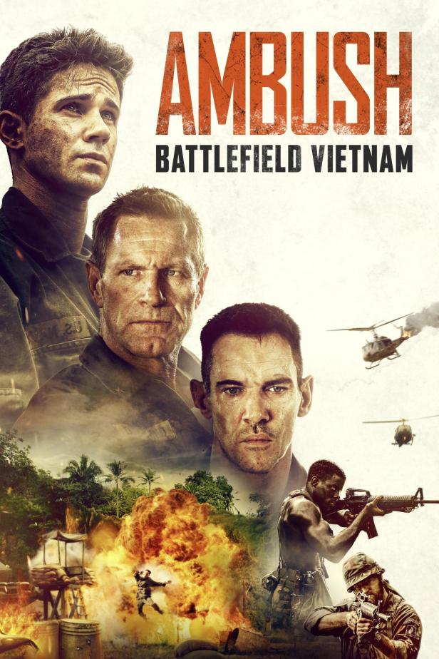 Das Filmplakat für „Ambush: Battlefield Vietnam“ zeigt Soldaten und Explosionen.