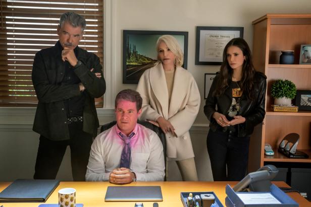 Pierce Brosnan (Billy), Adam DeVine (Owen), Ellen Barkin (Lilly), Nina Dobrev (Parker) in "The Out-Laws"