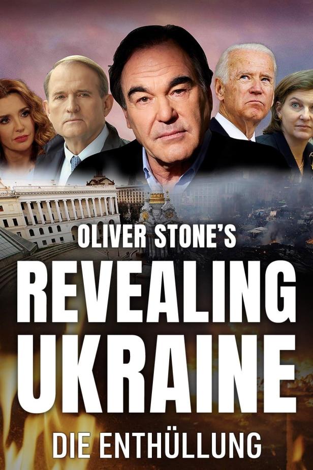 Das Filmplakat für Oliver Stones „Revealing Ukraine“ zeigt Stone, Biden und andere vor ukrainischen Motiven.