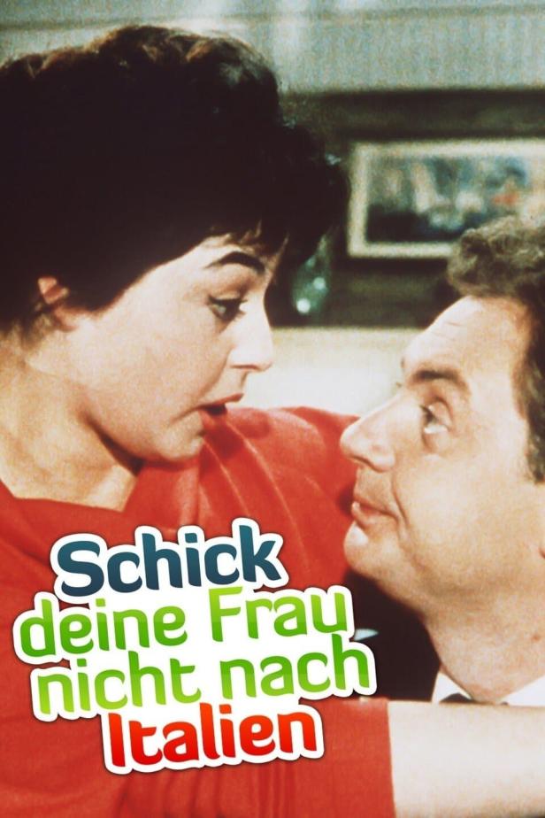 Das Filmplakat für „Schick deine Frau nicht nach Italien“ zeigt zwei Schauspieler.
