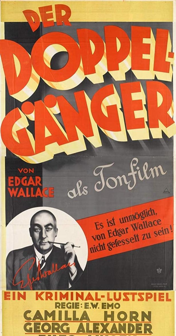 Das Filmplakat für „Der Doppelgänger“ von Edgar Wallace zeigt einen Mann mit Pfeife.