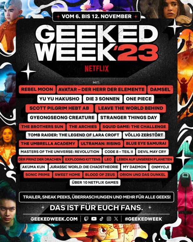 Werbeplakat für die Netflix Geeked Week '23 mit Ankündigungen zu Filmen und Serien wie „Avatar“ und „Squid Game“.