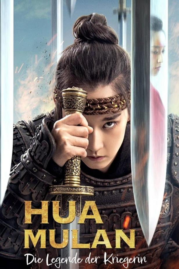 Das Filmplakat für „Hua Mulan: Die Legende der Kriegerin“ zeigt eine junge Frau in Rüstung mit einem Schwert.