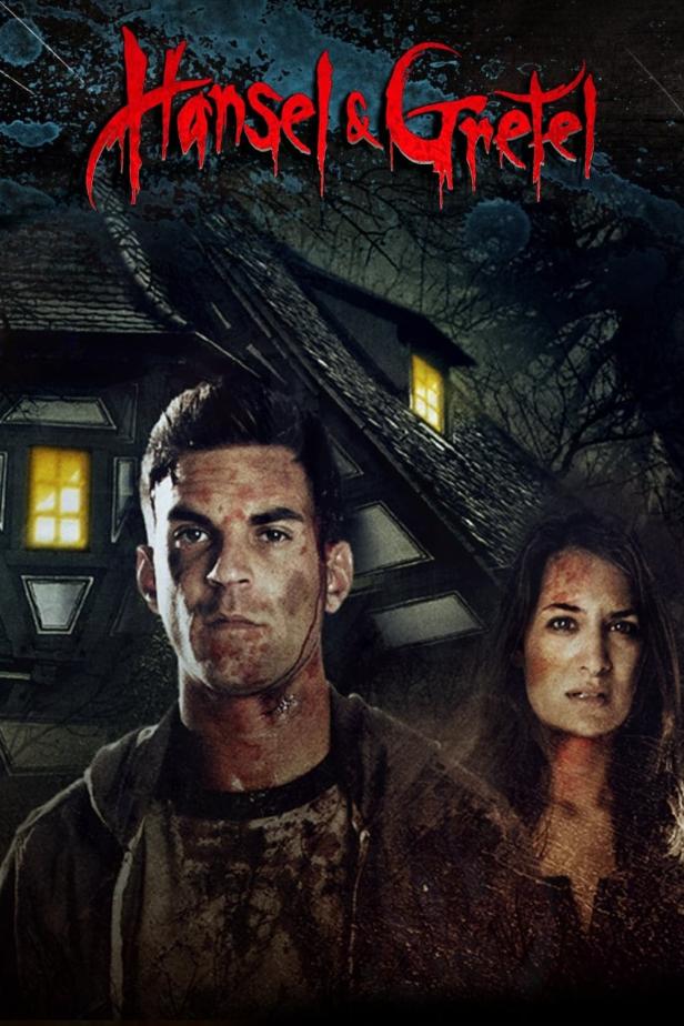 Das Filmplakat für „Hänsel & Gretel“ zeigt zwei blutverschmierte Personen vor einem unheimlichen Haus.