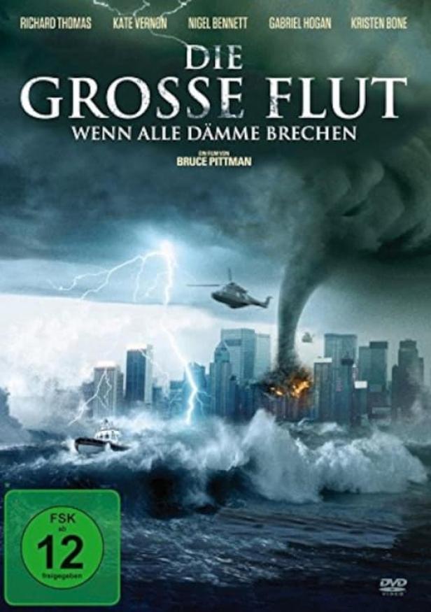 Das Filmplakat für „Die Grosse Flut“ zeigt eine Stadt, die von einem Tornado und riesigen Wellen bedroht wird.