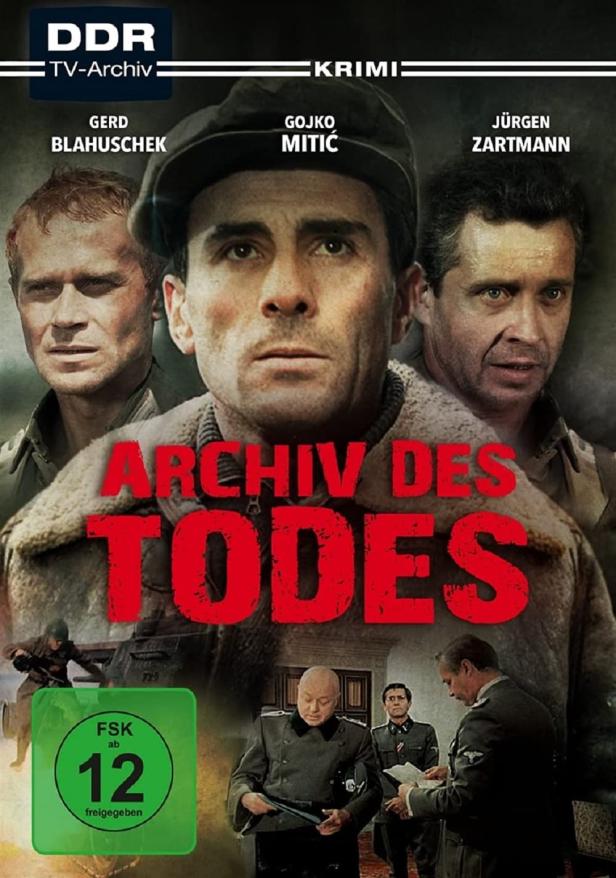 Das Cover des DDR-Krimis „Archiv des Todes“ mit Gerd Blahuschek, Gojko Mitić und Jürgen Zartmann.