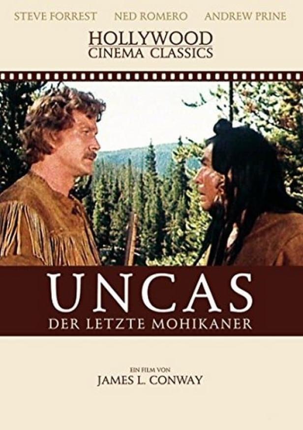 Das Filmplakat für „Uncas, der letzte Mohikaner“ zeigt zwei Männer vor einem Wald.