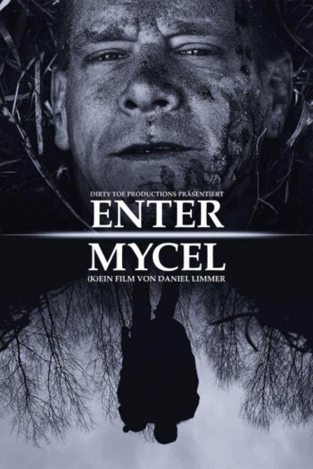 Das Filmplakat für „Enter Mycel“ zeigt das Gesicht eines Mannes, der mit Erde bedeckt ist.