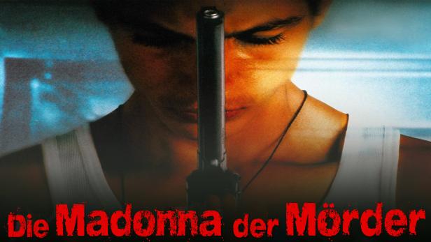 Das Filmplakat für „Die Madonna der Mörder“ zeigt eine Person mit einer Pistole vor dem Gesicht.