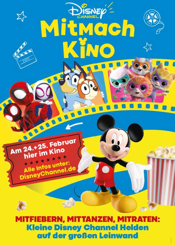 Ein Werbeplakat für das „Mitmach Kino“ des Disney Channels mit verschiedenen animierten Charakteren.