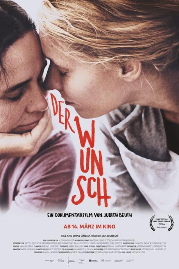 Das Filmplakat für den Dokumentarfilm „Der Wunsch“ zeigt zwei Frauen, deren Gesichter sich berühren.