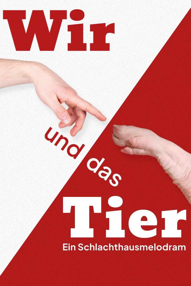 Das Cover für „Wir und das Tier: Ein Schlachthausmelodram“ zeigt zwei Hände vor einem rot-weißen Hintergrund.