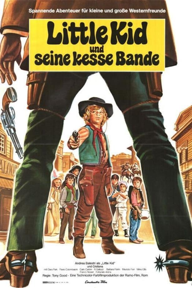 Das Filmplakat für „Little Kid und seine kesse Bande“ zeigt einen Jungen mit Pistole und seine Freunde im Wilden Westen.