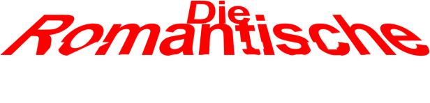 Schriftzug „Die Romantische Komödie“ in Rot und Weiß auf schwarzem Hintergrund.