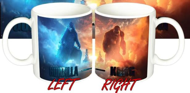 Zwei Tassen mit Motiven von Godzilla und Kong vor einem Himmel mit Gewitterwolken.