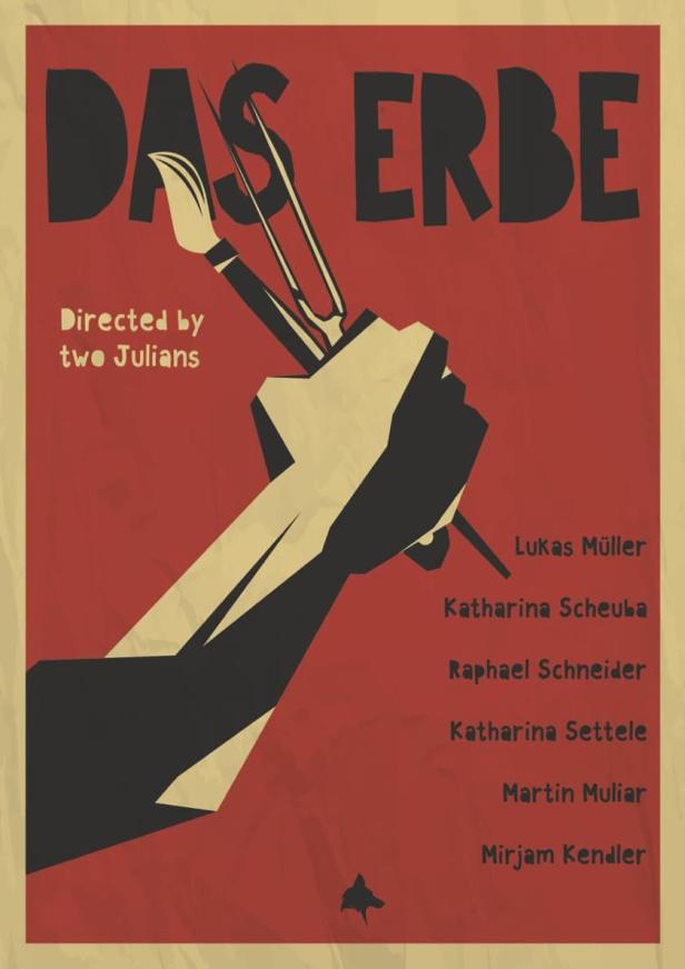 Das Filmplakat für „Das Erbe“ zeigt eine Hand, die Pinsel und Stimmgabel hält.