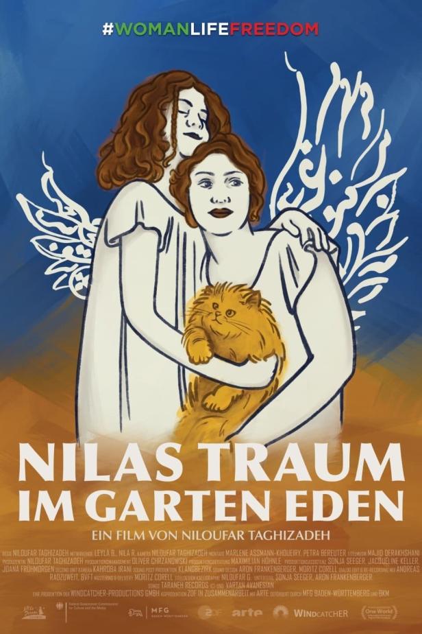 Das Filmplakat für „Nilas Traum im Garten Eden“ zeigt zwei Frauen und eine Katze im Comicstil.