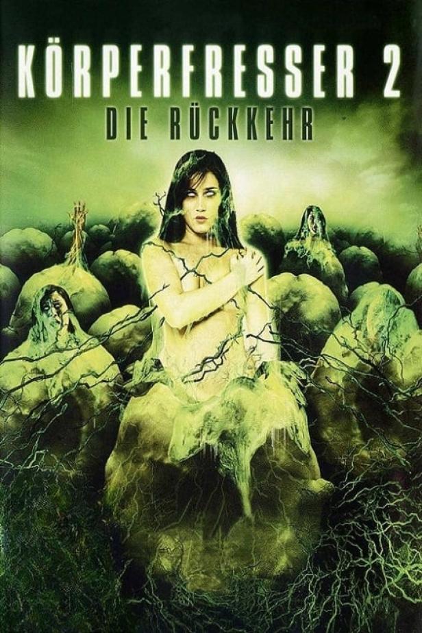 Das Filmplakat für „Körperfresser 2 – Die Rückkehr“ zeigt eine Frau inmitten von grünen, schleimigen Kokons.