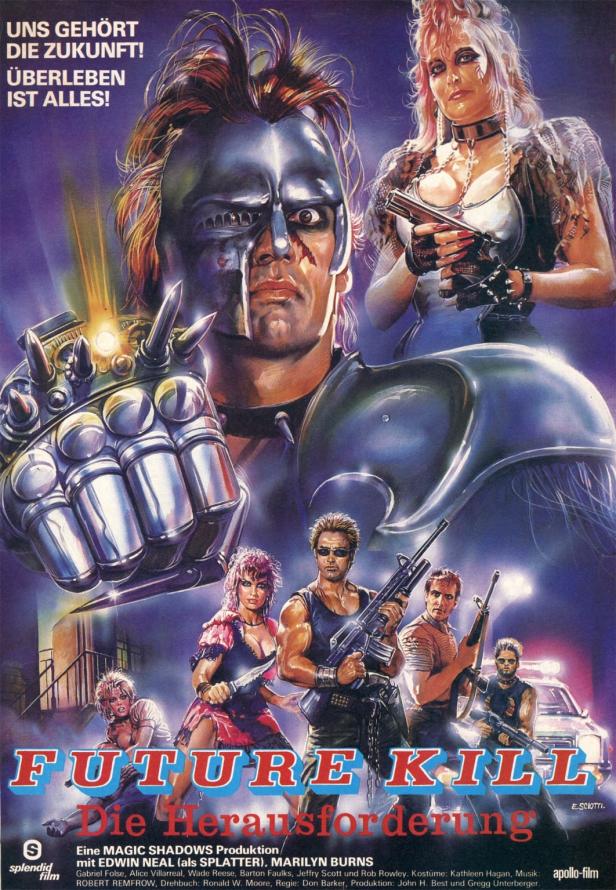 Das Filmplakat für „Future Kill“ zeigt bewaffnete Charaktere in einer dystopischen Zukunft.