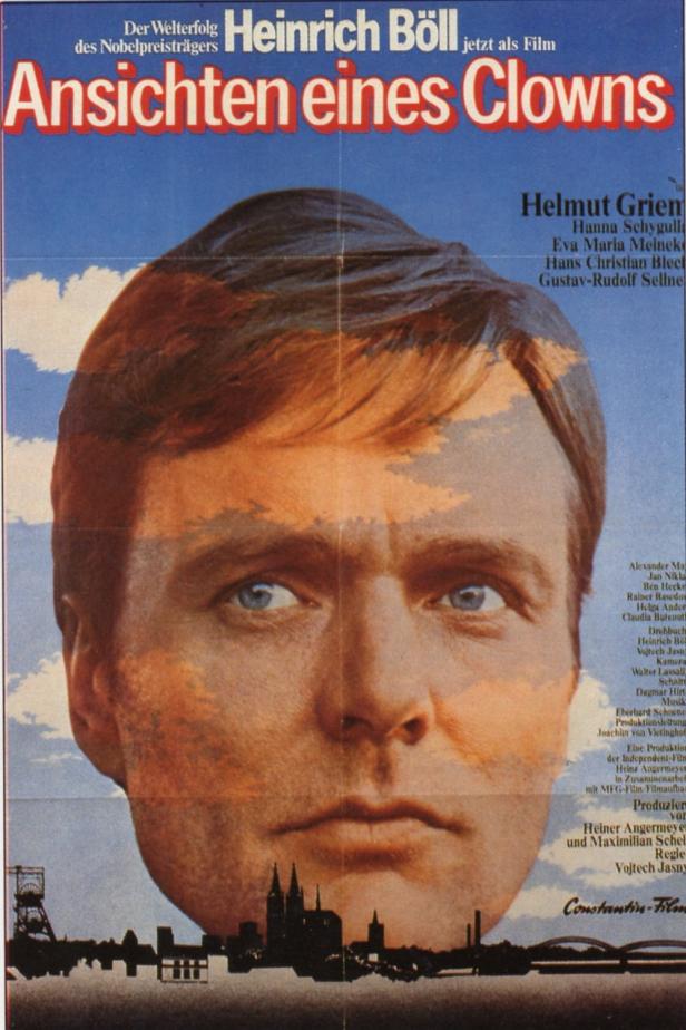 Das Filmplakat für „Ansichten eines Clowns“ zeigt das Gesicht von Helmut Griem vor einer Stadtkulisse.