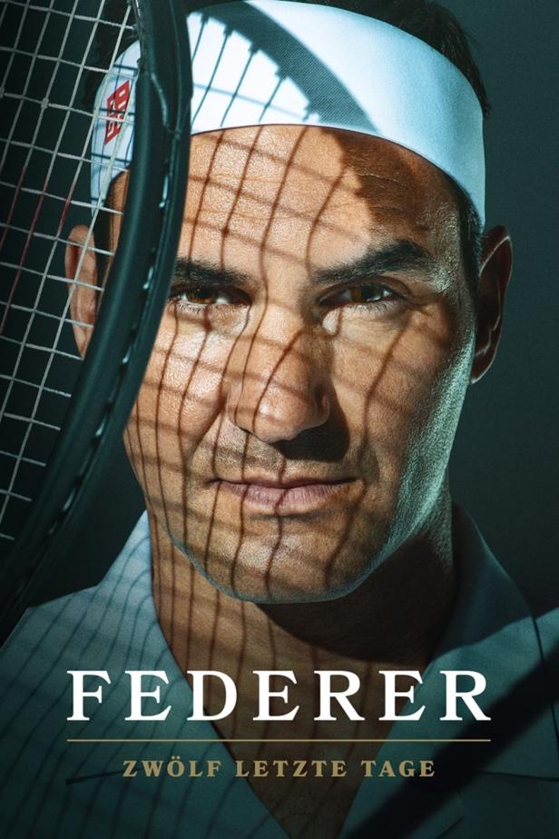 Porträt von Roger Federer mit Tennisschläger und Stirnband, im Schattenwurf eines Netzes.