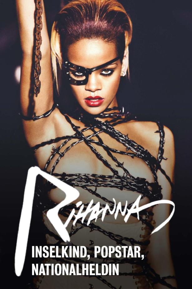 Rihanna mit einer Augenmaske und Stacheldraht um den Körper.