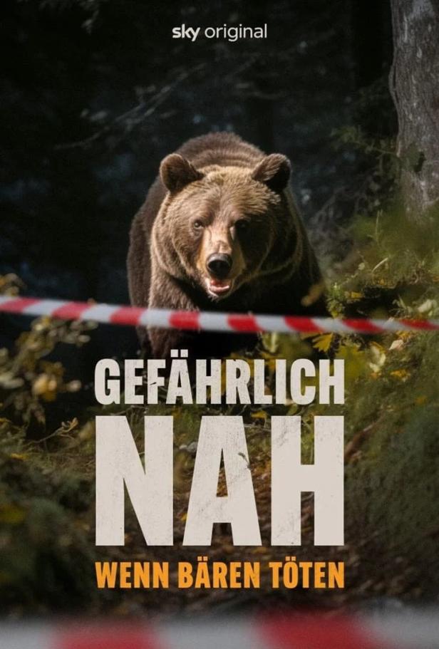 Ein Braunbär steht hinter einem rot-weißen Absperrband.