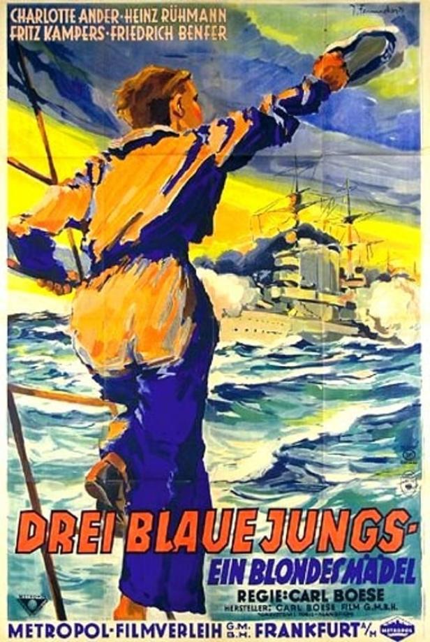 Ein Junge winkt einem Kriegsschiff auf dem Filmposter zu „Drei blaue Jungs – ein blondes Mädel“.