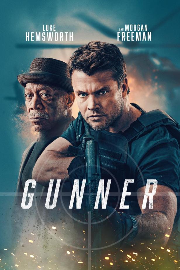 Das Filmplakat für „Gunner“ zeigt Luke Hemsworth und Morgan Freeman vor einem Fadenkreuz.