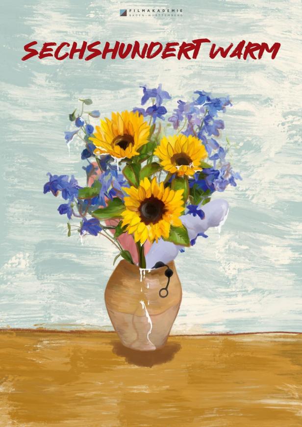 Ein Blumenstrauß mit Sonnenblumen und blauen Blumen in einer Vase.