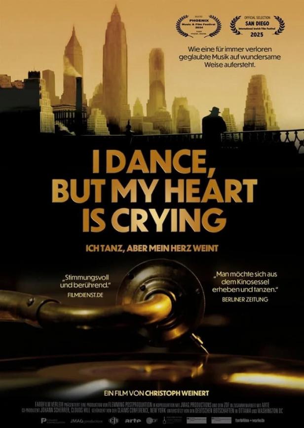 Das Filmplakat für „I Dance, But My Heart Is Crying“ zeigt eine Skyline und eine Schallplatte.