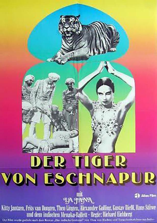 Filmposter für „Der Tiger von Eschnapur“ mit einem Tiger und La Jana.