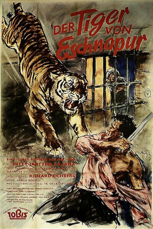 Ein Tiger greift einen Mann auf dem Filmplakat zu „Der Tiger von Eschnapur“ an.
