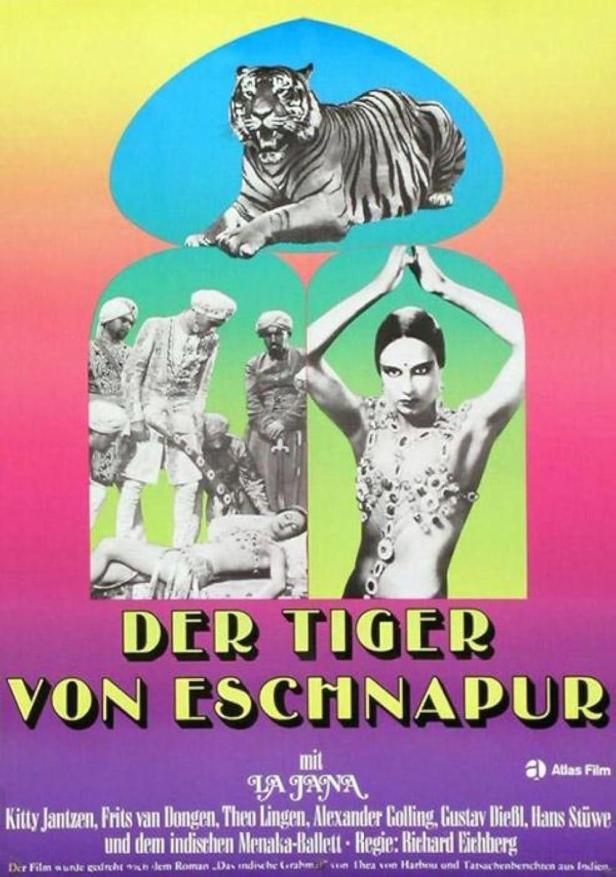 Das Filmplakat für „Der Tiger von Eschnapur“ zeigt einen Tiger und indische Darsteller.