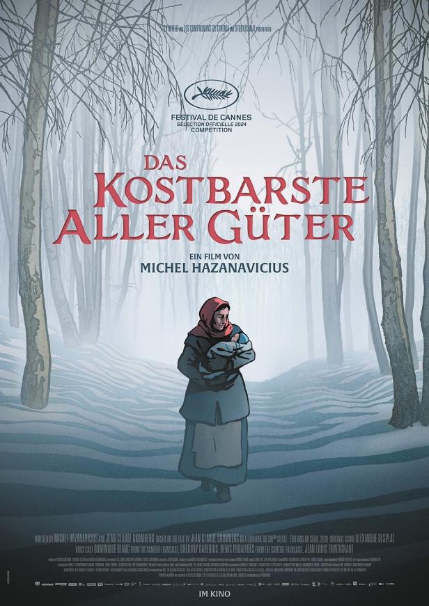 Eine Frau mit Kopftuch hält ein Baby im Arm, im Hintergrund ein verschneiter Wald. Plakat für den Film „Das Kostbarste aller Güter“.
